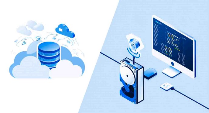 Visualisation d'un disque dur externe et d'un icône de cloud pour la sauvegarde