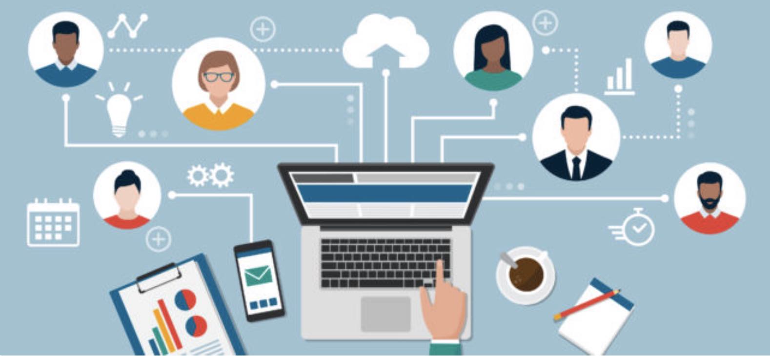 Illustration d'une équipe connectée via différents outils numériques